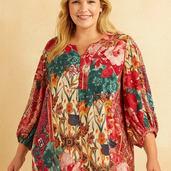 Chico’s Multicolor Floral Blouse Women’s Size 2 (US 12) Silky Front Tie Puff Sle - Picture 1 of 6